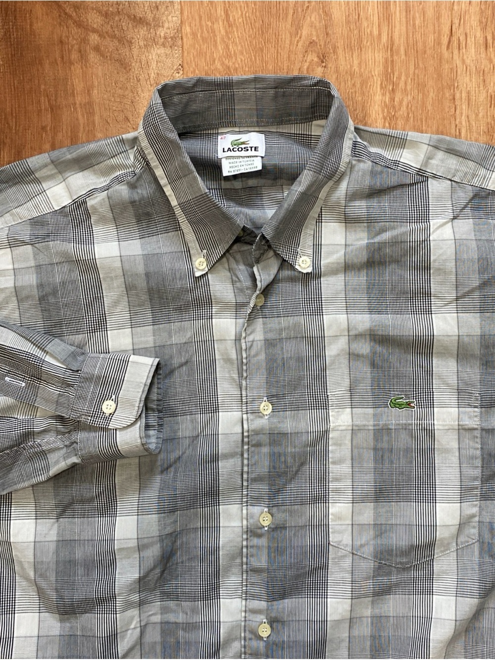 Lacoste Button Down Shirt Mens 42 Large Gray Check Plaid Long Sleeve Regular Fit
